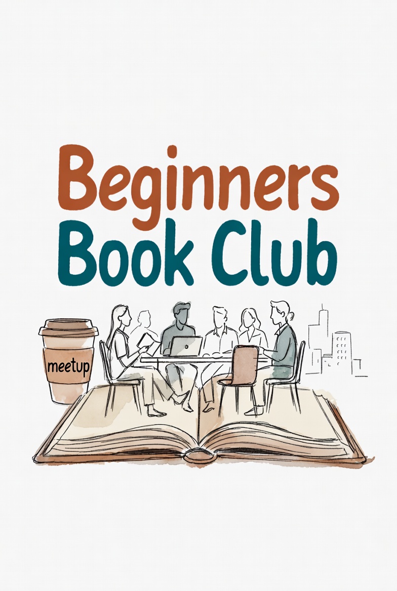 Beginners Book Club — people gathered around a table on an open book, with a meetup coffee cup and city skyline